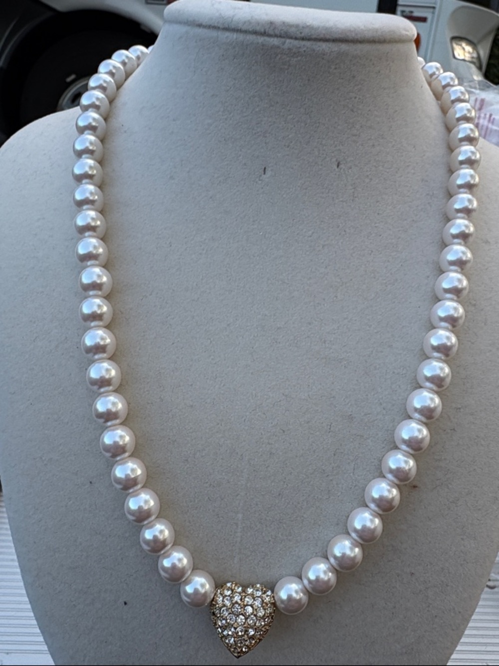 Source Unknown Pearl Necklace with Gold Pave Heart
